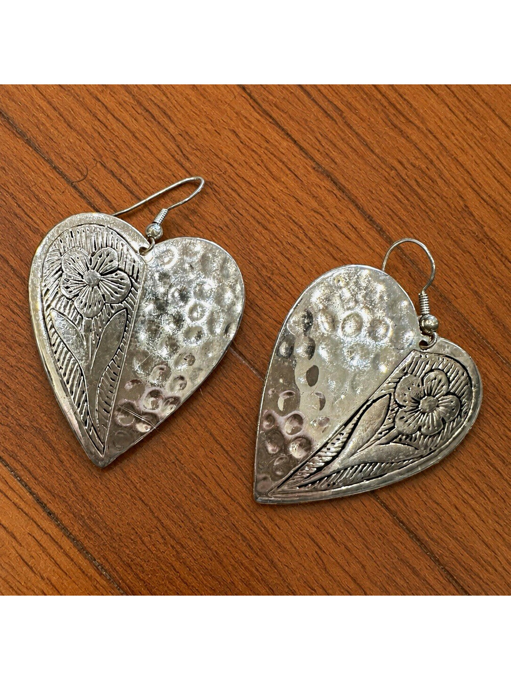 Silver-Tone Textured Heart Floral Dangle Earrings Hook Closure No Stone